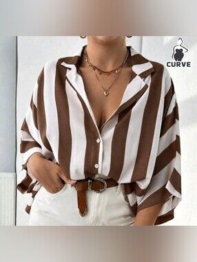SHEIN Brown and White Vertical Stripe Button-Down Shirt